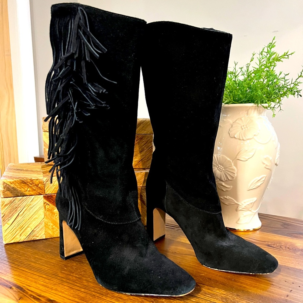 VINCE CAMUTO Women's STERLA Fringe Mid Calf Suede Western Boot BLACK Size 8.5/39